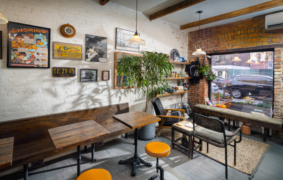 Brooklyn coffee shop final result with cozy seating and custom elements