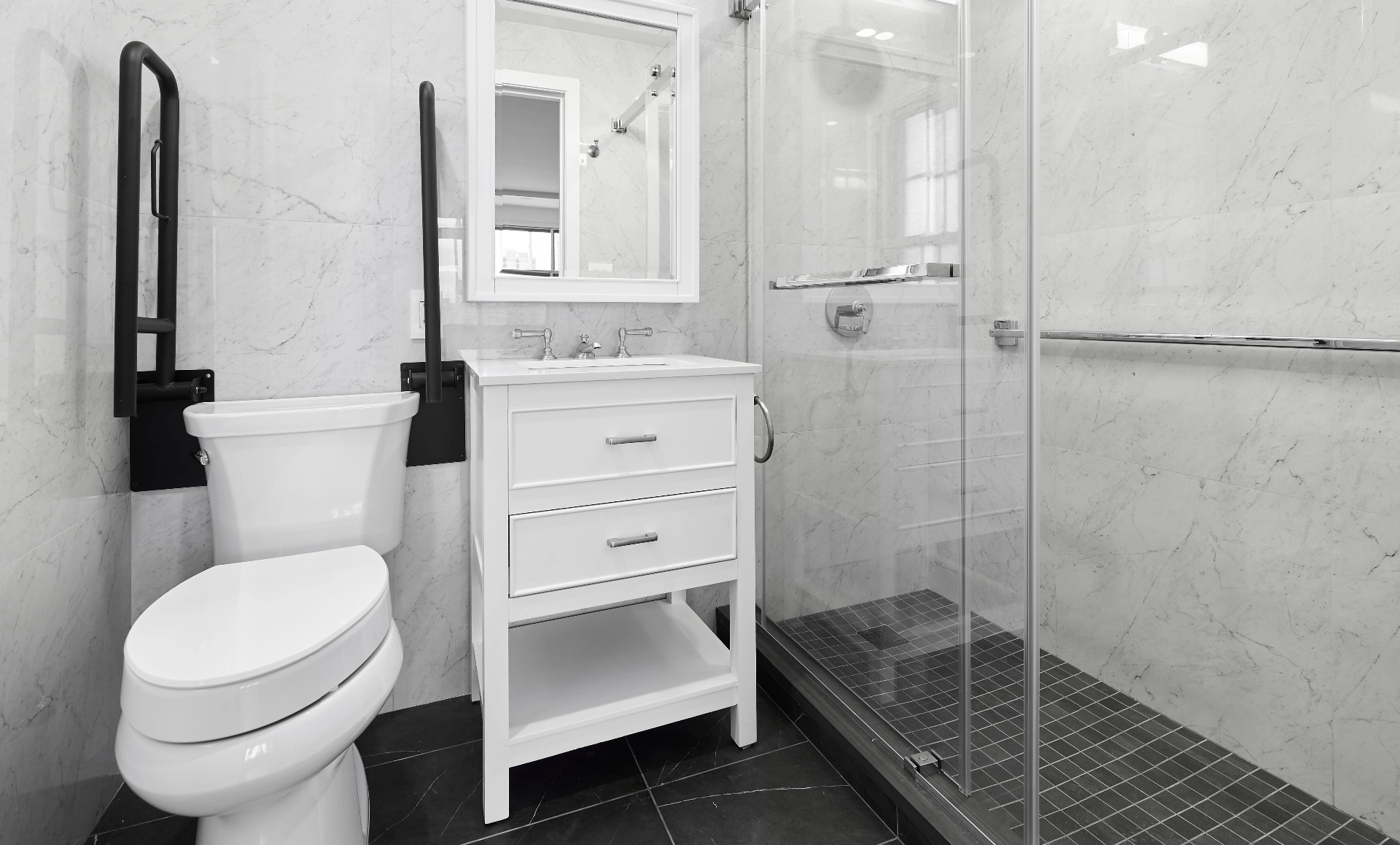 UES apartment renovation ADA compliant master bathroom with curb-less shower and custom vanity