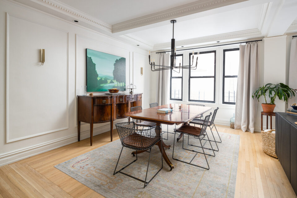 UES apartment renovation living room with geometric wooden planks and natural light